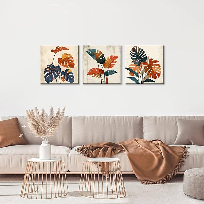 NAN Wind 3Pcs Modern Mid-century Abstract Tropical Monstera Leaf Canvas Art Orange and Blue Botanical Wall Print Minimalist Wall Decor Tropical Leaves Framed Wall Art for Contemporary Home Decor