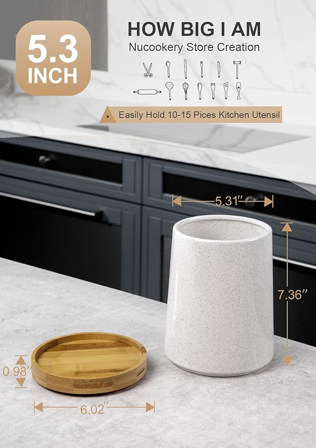 Nucookery 360° Rotating Utensils Holder, 8.2" Extra High Large Ceramic Kitchen Utensil Holder with Countertop-Protection Cork Bottom, Farmhouse Kitchen Decor for Counter (Sand)