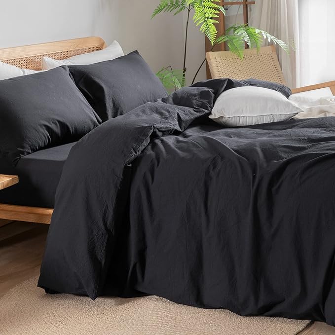 BESTOUCH Duvet Cover Set 100% Washed Cotton Linen Feel Super Soft Comfortable Chic Lightweight 3 PCs Home Bedding Set Solid Deep Black Oversized Queen