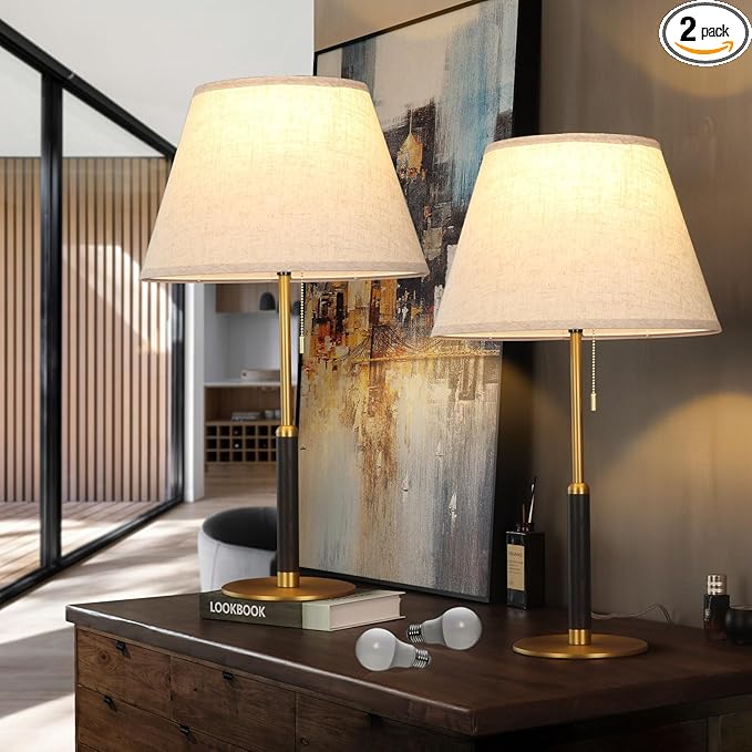 26.4" Set of 2 Modern Living Room Table Lamp for End Tables Bedside Lamps for Bedroom 3-Color Temperatures Pull Chain Switch Lamp Wood Fabric for Home/Office/Desk Decor (Light Brown+Brass)