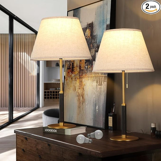 26.4" Set of 2 Modern Living Room Table Lamp for End Tables Bedside Lamps for Bedroom 3-Color Temperatures Pull Chain Switch Lamp Wood Fabric for Home/Office/Desk Decor (Light Brown+Brass)