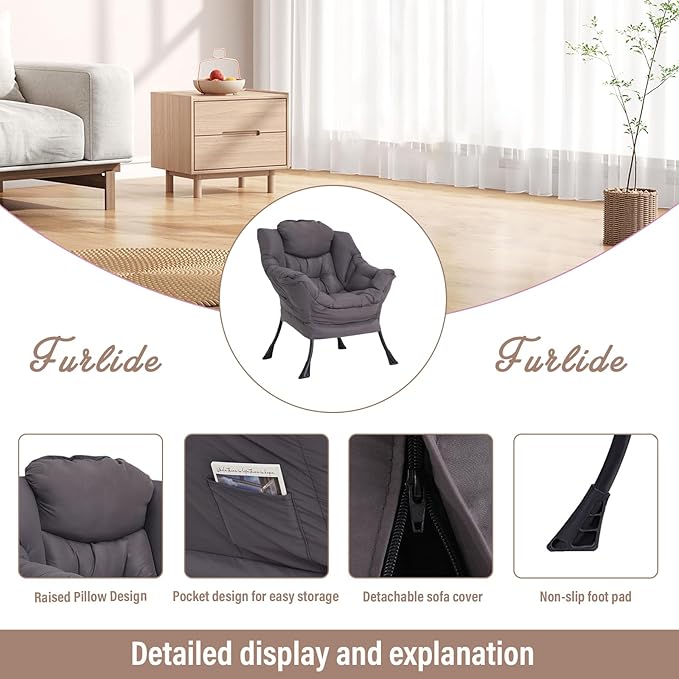 Lazy Chair for Living Room, Modern Accent Chairs with Armrests, Comfy Lounge Chair with Side Pocket, Cozy Lazy Sofa for Reading, Balcony, Bedroom, Dorm, Small Spaces (Dark Grey)
