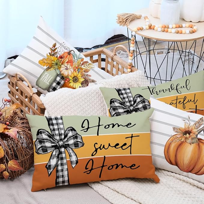 AACORS Fall Pillow Covers 12 x 20 Inch Set of 4, Pumpkin Home Sweet Home Thankful Grateful Blessed Harvest Floral Decorations Autumn Seasonal Pillow Case Decor for Sofa Couch AA556-12