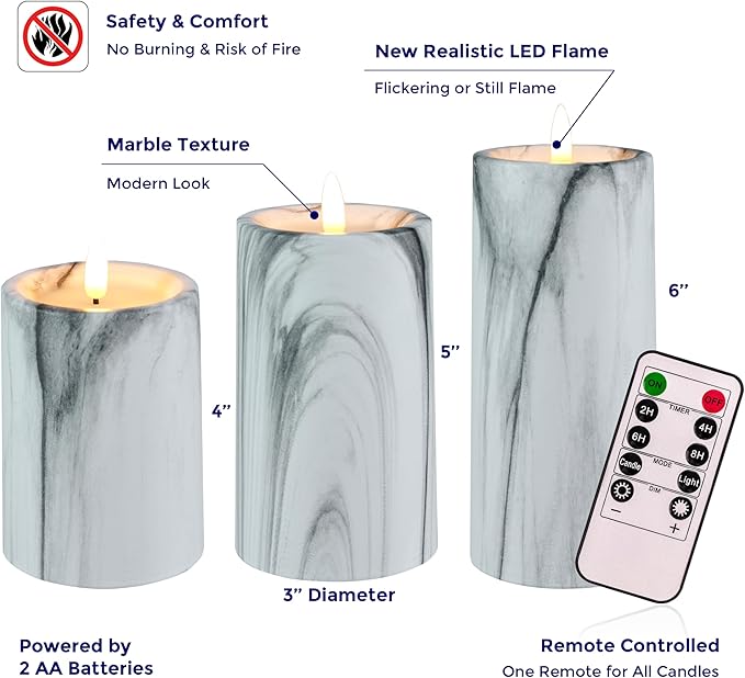 VENTA Marble Flameless Pillar Candles, Set of 3 (4" 5" 6") | Realistic Flickering LED Candles with Remote & Timer | Elegant Decor for Modern, Farmhouse & Chic Interiors