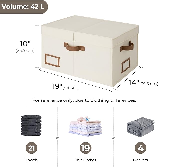 StorageWorks Large Clothes Storage Bins, Fabric Boxes with Divider Board, Baskets for Clothes, Linen Closet Organizers with Lid, Ivory White, 2-Pack