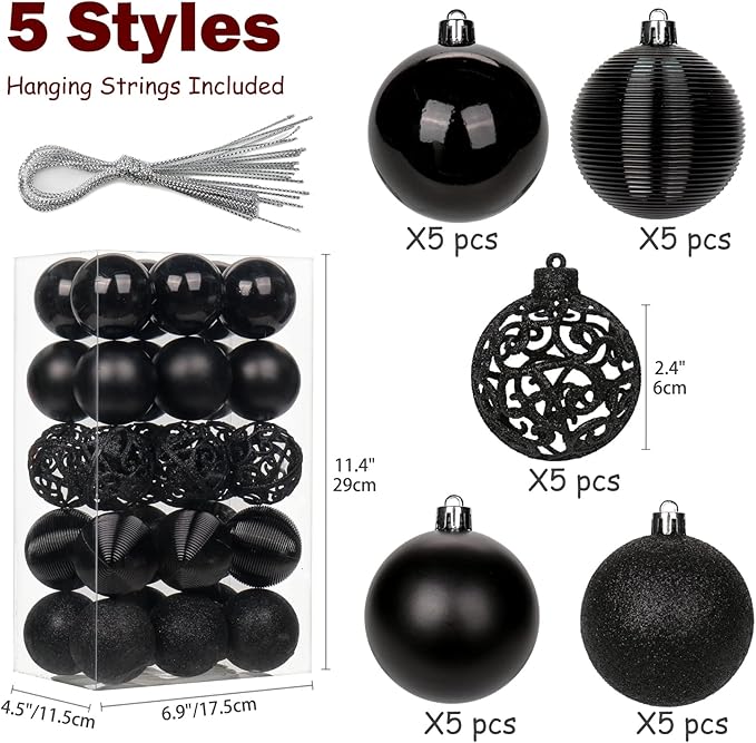 30PCS 2.36" Christmas Ball Ornaments Shatterproof Black Christmas Tree Decorations Xmas Tree Balls Halloween Ornaments Décor