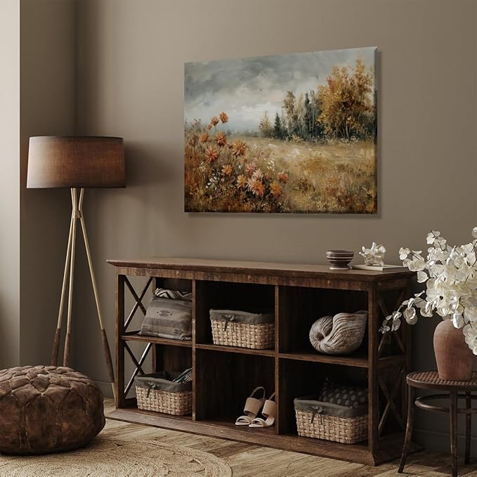 Fall Canvas Wall Art Wildflower Posters Autumn Landscape Pictures Print Art Vintage Rustic Farmhouse Wall Decor 16x24inch Framed