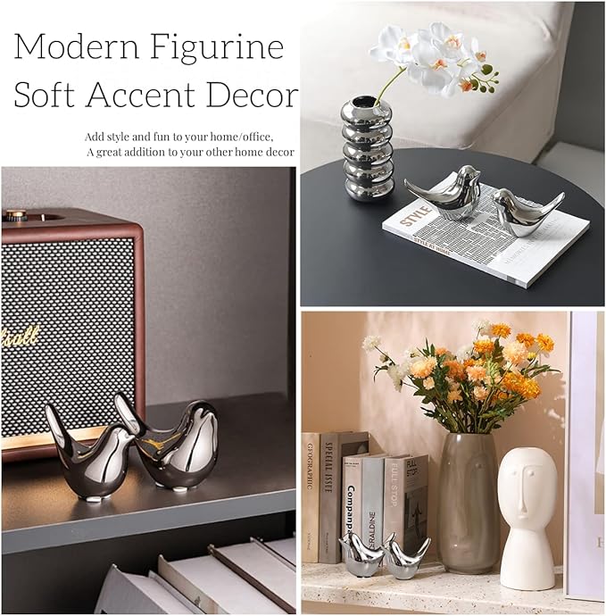 FANTESTICRYAN Small Birds Statues Gold Home Decor Modern Style Figurine Decorative Ornaments for Living Room, Bedroom, Office Desktop, Cabinets (M&L, Silver)