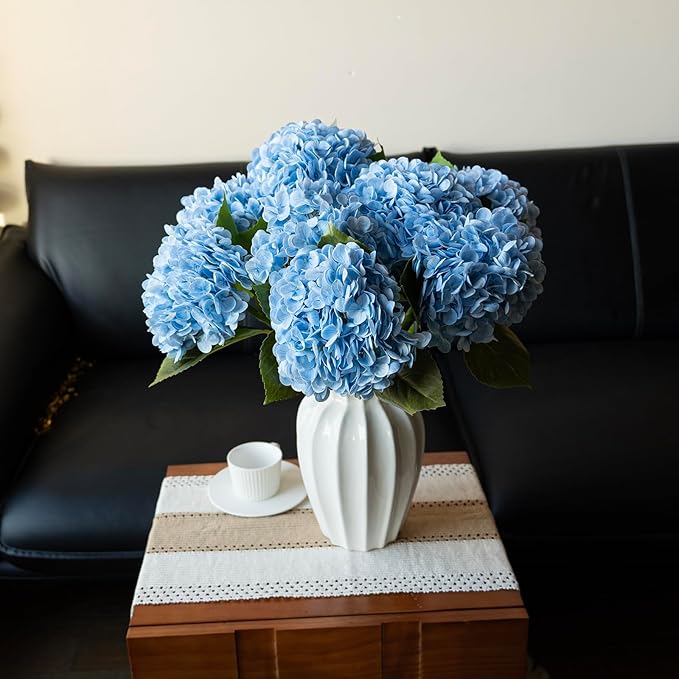 3PCS 22 inch Realistic Artificial Hydrangea Large Real Touch Flowers Artificial Flowers Dry Flowers Outdoor Wedding Christmas Office Family Party Living Room Table Decoration (Blue)