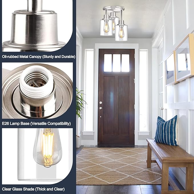 ROTTOGOON Semi Flush Mount Ceiling Light, 3 Light Close to Ceiling Light Fixtures, Brushed Nickel Finish Kitchen Light Fixtures with Clear Glass Shades, Modern Hallway Lights Fixtures Ceiling Mount