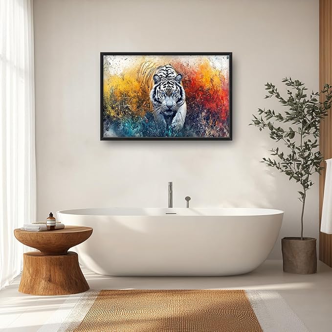 Extra Large Framed Abstract White Tiger Wall Art,Oversized Colorful Cool Tiger Wall Decor,Wild Animal Pictures for Living Room,Canvas Print Painting Modern Artwork Bedroom Office Bathroom 36L x24W