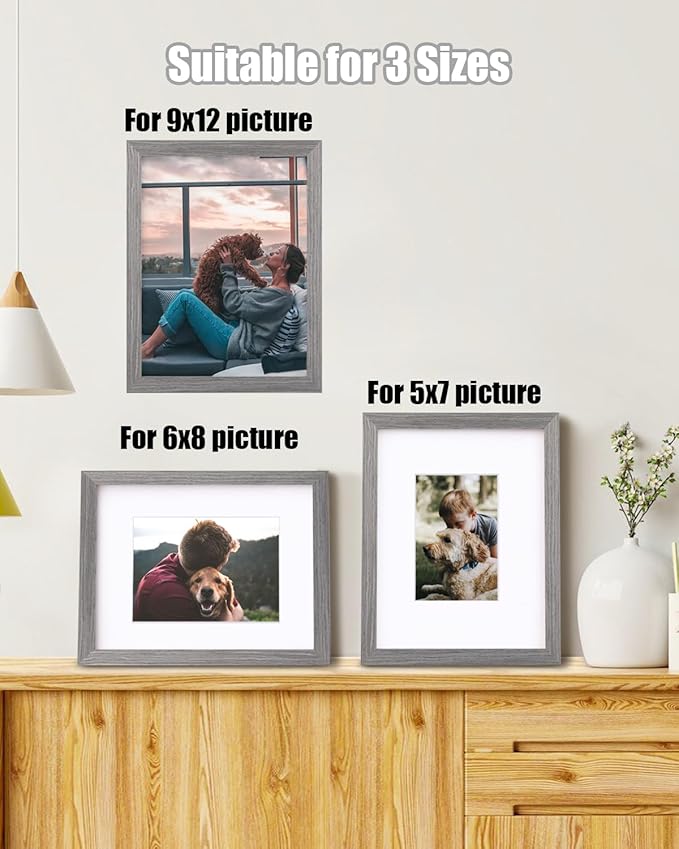 Egofine 9x12 Picture Frames Set of 4, Made of Solid Wood Covered by Plexiglass 5x7 and 6x8 with Mat or 9x12 without Mat, for Table Top Display and Wall Mounting Photo Frame Light Grey
