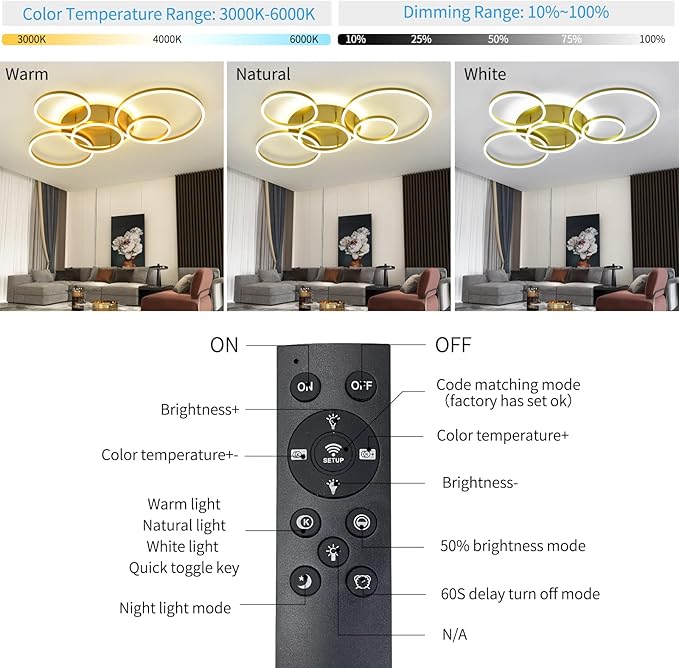 Modern LED Ceiling Light Gold Dimmable 5 Rings Flush Mount Ceiling Light Fixtures with Remote Control 106W 10000LM Ceiling Lighting for Living Room Bedroom Kitchen Dining Room 3000-6000K…