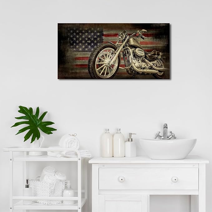 yearainn American Flag Motorcycle Wall Art - Vintage Map of USA Pictures Retro Motorcycle Wall Decor American Freedom Ride Canvas Painting Print Modern Classic Artwork for Home Office Decor 20" x 40"