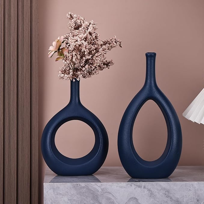 Navy Blue Ceramic Hollow Elliptical Vase Set of 2 - Boho Circle Vase with Hole, for Modern Navy Blue Table Decor, Living Room Decor Shelf mid Century Modern Home Entrance Decorative vase