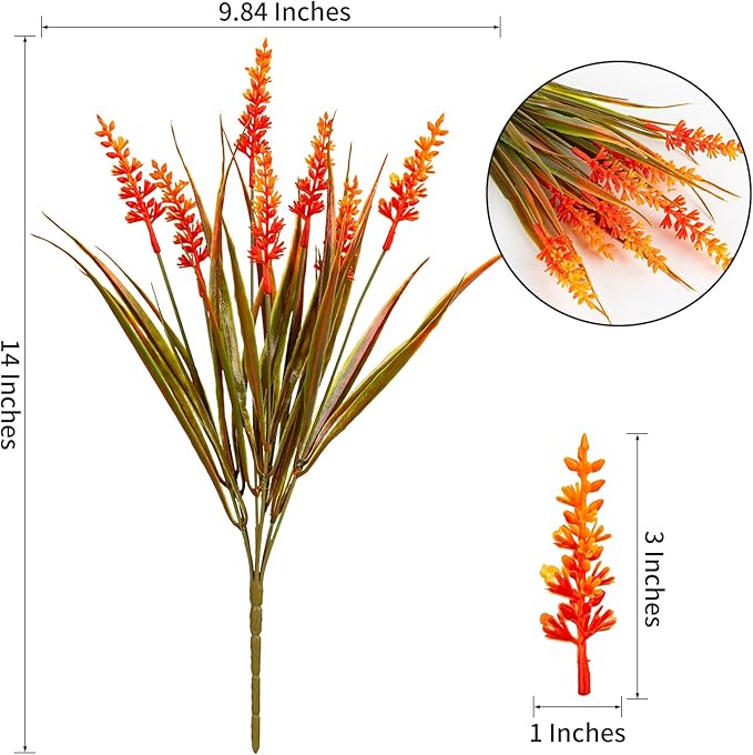 Artificial Fall Flowers for Outdoor Plants 12 Bundles Fake Lavender Plastic Faux Monkey Grass for Verandah Window Garden Office Patio Front Porch UV Resistant for Planter(Autumn Orange)