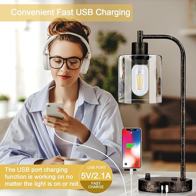 Set of 2 Industrial Table Lamps with USB Port, Rustic Black Fully Stepless Dimmable Bedside Lamps for bedrooms, Nightstand Desk Lamps with Clear Glass Shade for Reading Living Room Office 2 LED Bulb