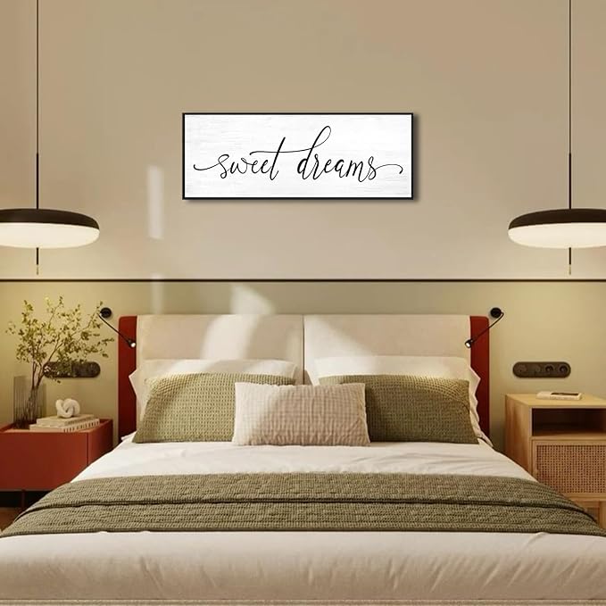 Sweet Dreams Wall Decor Above Bed: 40''×15'' Farmhouse Bedroom Canvas Wall Art Large Framed Sweet Dreams Sign,Modern Guest Room Master Bedroom Picture Black Wall Decorative Hanging Plaque