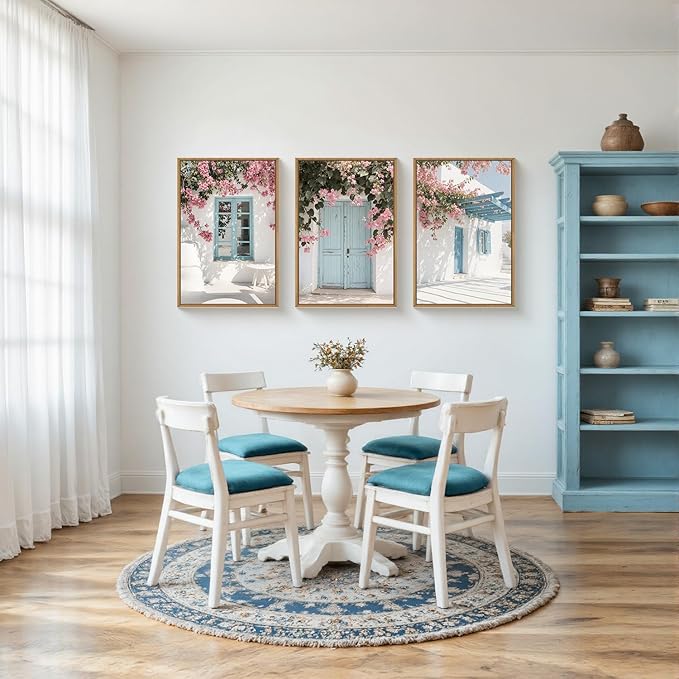 HOURIA Greek Island Street Framed Canvas Wall Art Set,Santorini Blue Doors Shutters Wall Decor,Coastal White House Pink Flower Artwork,European Cityscape Art Prints for Living Room, Bedroom-24 x36 x3