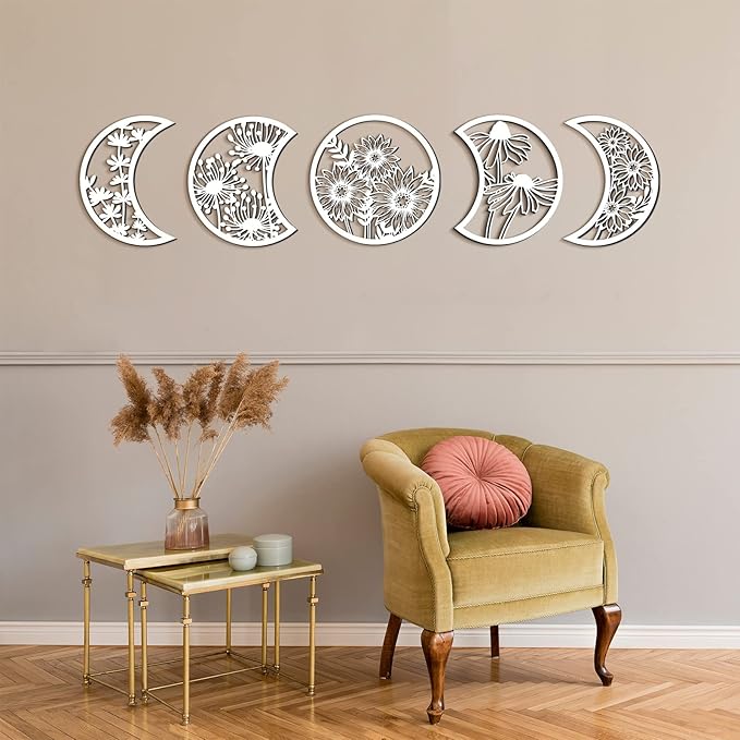 Jetec 5 Pcs Moon Phase Wall Hanging Decor Art Above Bed 10.6" H Boho Moon Phase Wood Wall Pediment Ornament for Living Room Bedroom Home Decoration Room Apartment Bar(White)