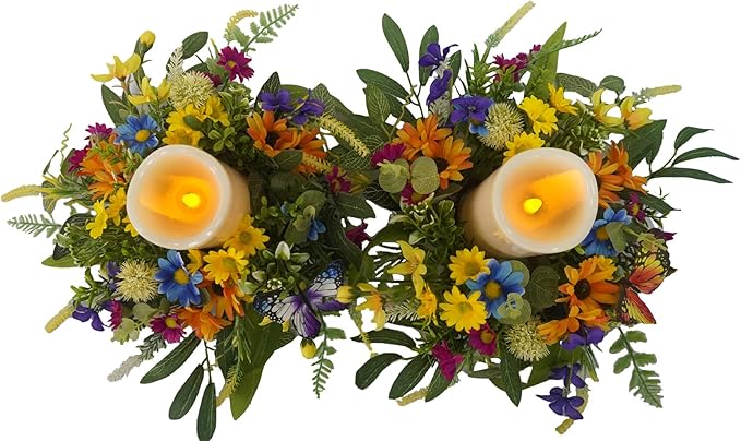 Spring Summer Candle Rings,Floral Candle Rings Wreaths 6 Inch,Daisy and Sunflowers,Mixed Flowers with 2pcs Plastic Candles,Perfect for Spring Decor,Centerpieces for Tables,Indoor Outdoor Home Decor