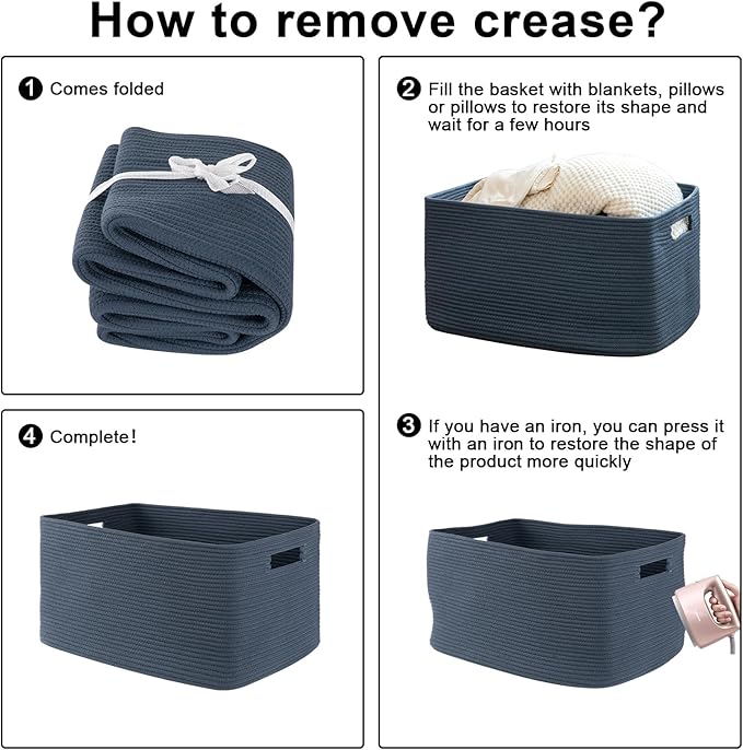 OIAHOMY 118L XXXLarge Cotton Rope Storage Basket, Oversized Blanket Basket, Used for Organizing Dirty Clothes in Living Room, Bedroom, Nursery, Dog Toy Storage Bins, 25" x 17" x 16",Blue