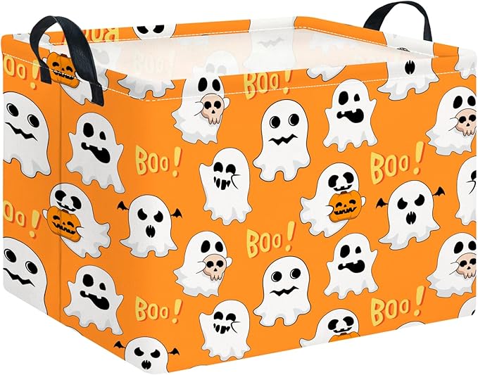 CLOCOR Rectangular Storage Basket Empty, Gift Basket for Halloween, Waterproof Storage Bin with Handles, Room Decor(Boo Ghosts)