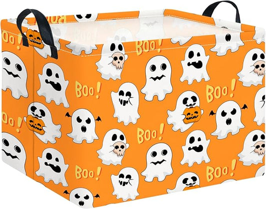 CLOCOR Rectangular Storage Basket Empty, Gift Basket for Halloween, Waterproof Storage Bin with Handles, Room Decor(Boo Ghosts)
