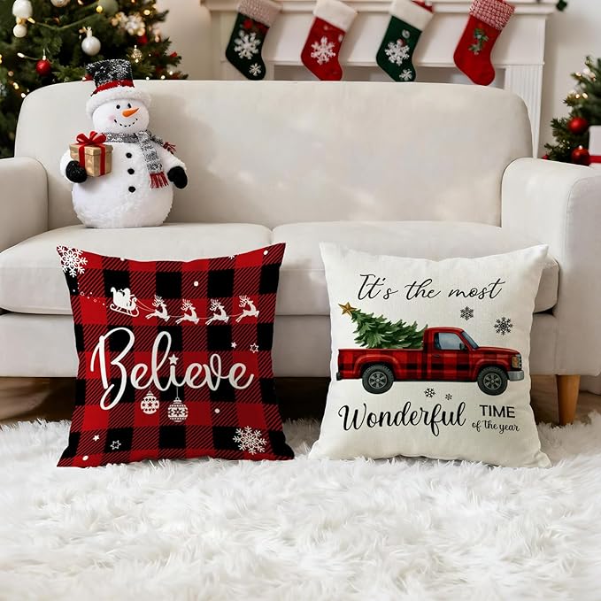 Christmas Pillow Covers 18x18 inch Set of 4, Holiday Winter Outdoor Red Plaid Vintage Tree Snowflake Xmas White Farmhouse Burgundy Seasonal Burlap Decorations for Sofa Couch
