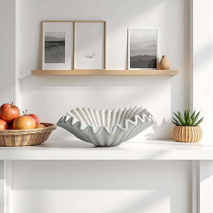 Large Decorative Bowl decor, Scalloped Pedestal Bowls for Modern Home Decor,Ruffle Decor,Stylish Key Bowl for Entry Table,Decorative Fruit Bowl for Kitchen Counter, Light Gray