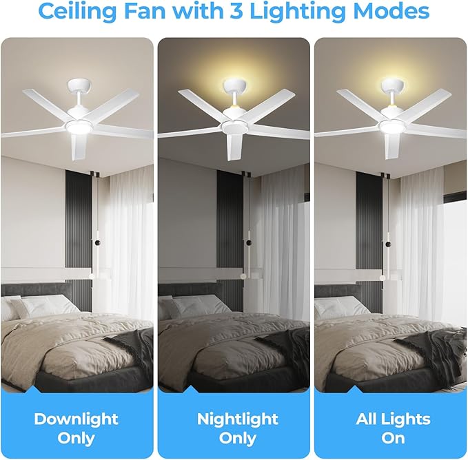 ocioc 44 Inch Ceiling Fans with Lights and Remote, White Ceiling Fan with Backlight, Reversible Airflow, Quiet DC Motor, 3000-6500K Dimmable LED, 6 Speeds Modern Ceiling Fan for Bedroom,Living Room