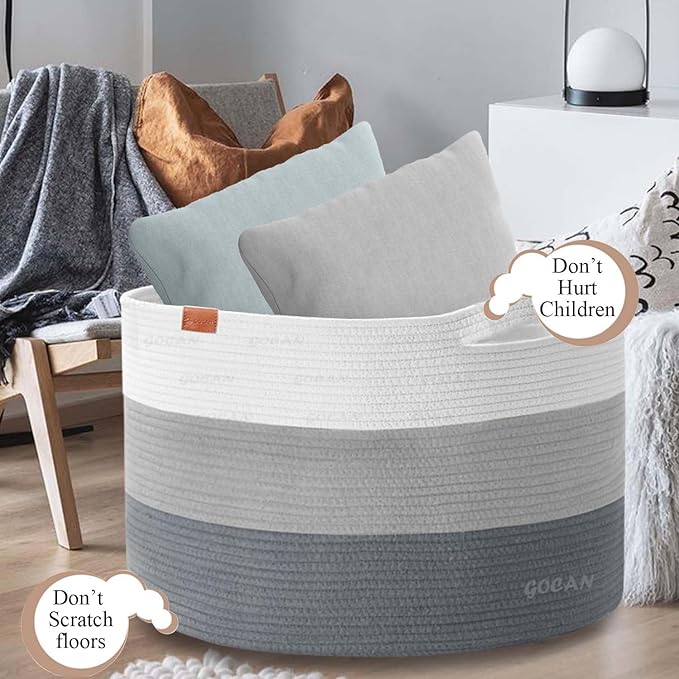 Laundry Basket Cotton Rope Woven for Blankets Storage Basket with Handles for Living Room (Mixed Grey)