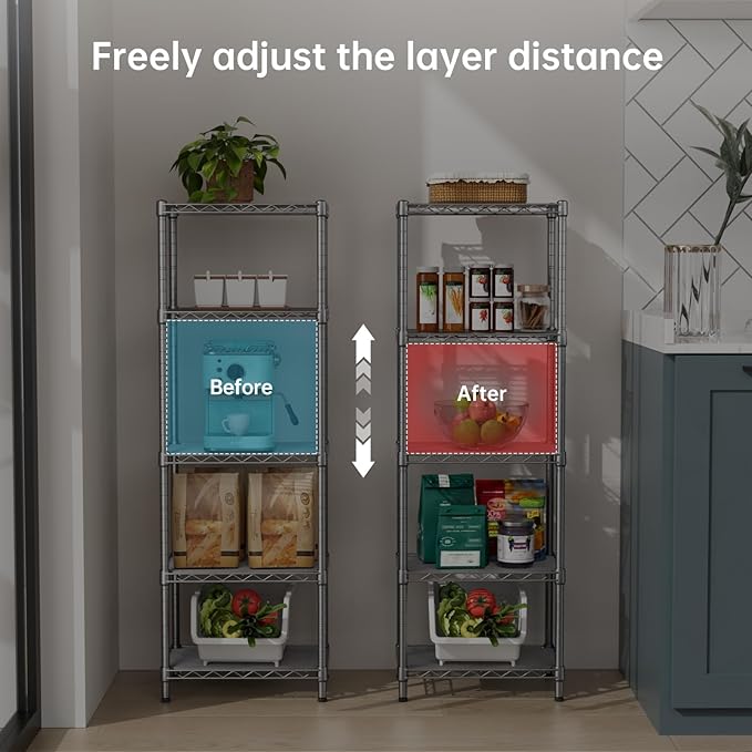 Small 5 tire Shelves Storage Wire Shelving Unit Metal Shelf Adjustable Organizers Storage Shelving for Bathroom Laundry Room Kitchen Pantry10”D x 16”W x 55”H Silver