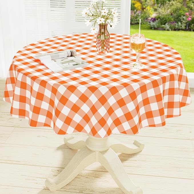 misaya Round Waterproof Vinyl Table Cloth, Buffalo Flannel Backed Tablecloth, Wipeable Plastic Table Cover for Fall, Thanksgiving (60", Orange and White)
