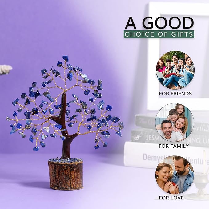 NARIBABU Lapis Lazuli Crystal Tree (7–8 Inch, 100 Chips) – Handmade Gemstone Tree with Raw Stones & Golden Wire – Birthday Gifts for Women, Gift for Her, Spiritual Decor, Office Desk
