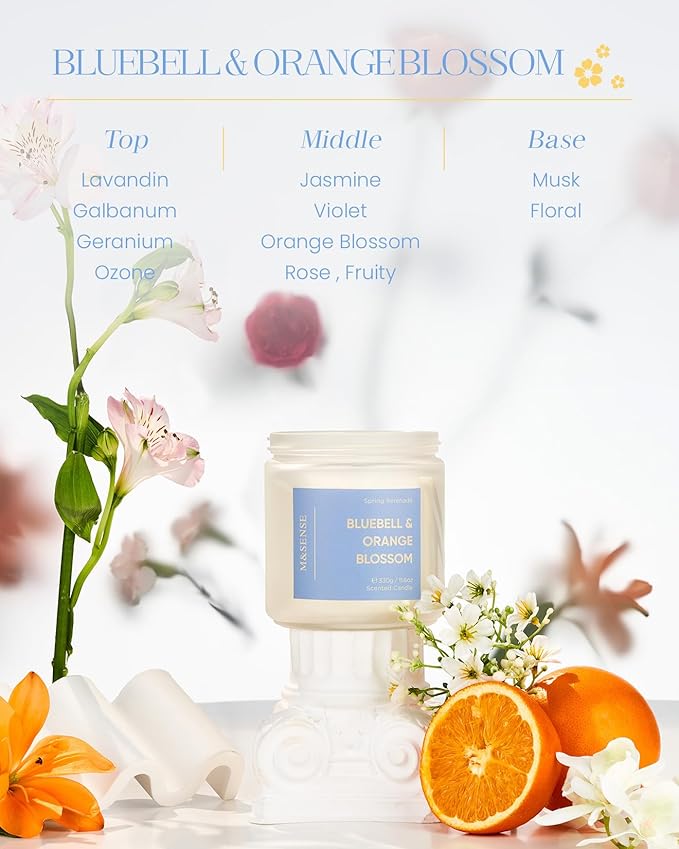 M&SENSE Bluebell Orange Blossom Scented Candle - 11.6oz Natural Soy Wax 70-Hour Burn Time Long Lasting Non Toxic 2 Wick Candle for Spring & Home Decor Slow-Burning Aromatherapy Gifts