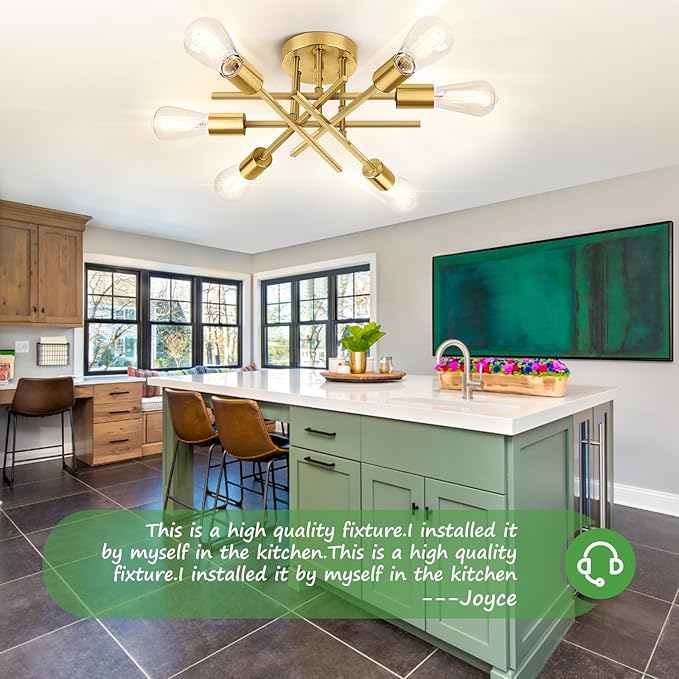 TOBUSA 6-Light Gold Semi Flush Mount Ceiling Light Fixture, Modern Industrial Brushed Golden Sputnik Ceiling Light, E26 Close to Ceiling Light for Kitchen Bedroom Dining Room Living Room Hallway