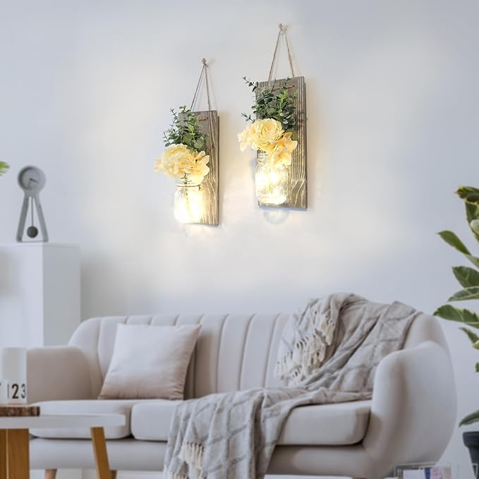 Besuerte Modern Farmhouse Wall Decor Set of 2, Rustic Wall Art Living Room Decor with Led Fairy Lights and Rose Flowers, Country Home Decor Gifts, X-Large Rustic Grey