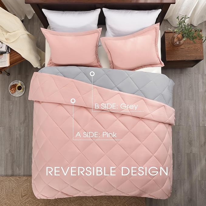 Basic Beyond King Size Comforter Set - Pink King Size Comforter Set, Reversible King Bed Comforter Set for All Seasons, Baby Pink/Grey, 1 Comforter (104"x92") and 2 Pillow Shams (20"x36"+2")