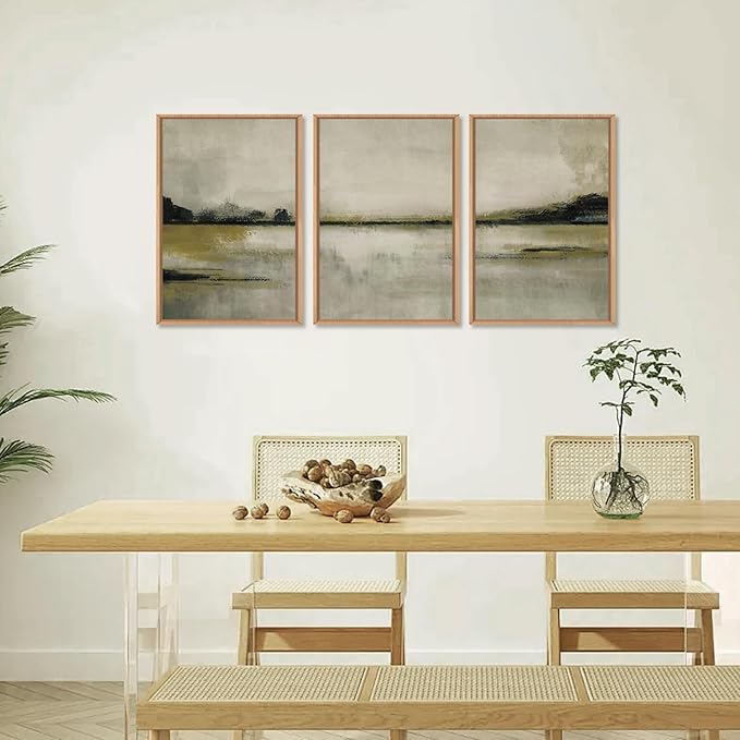 KAIRNE Abstract Mountain Lake Wall Art Set, 3 piece Textured Canvas Wall Decor, Framed Nordic Neutral Tan Wall Painting, Nature Landscape Art Print for Bedroom, Living Room, Office - 24"x36"x3