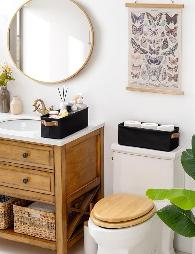 StorageWorks Narrow Storage Bins, Small Basket for Closet and Shelves, Fabric Organizer with Handles, Toilet Paper Storage, Black, 2-Pack