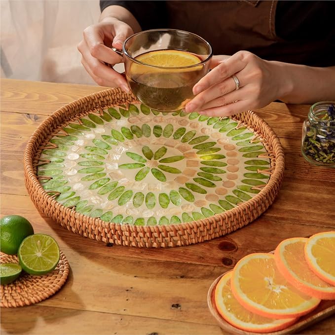 11.8' Wicker Round Rattan Mother of Pearl Serving Basket Tray for Décor Coffee Table | Large Boho Circle Woven Decorative Trays for Outdoor, Home, Kitchen Display (Forest)