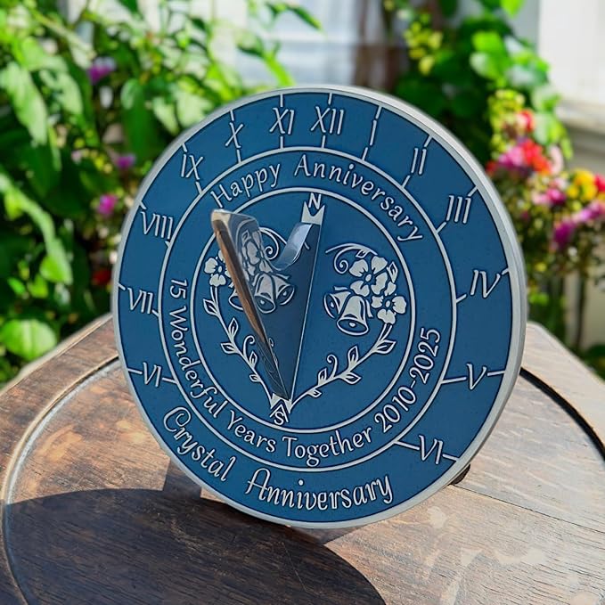 Anniversary Sundial Gift for 15th Crystal Wedding Anniversary in 2025 - Recycled Metal Home Decor Or Garden Present Idea - Handmade in UK for Him, Her Parents Or Couples 15 Year Celebration