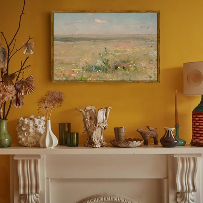 crmotu Vintage Framed Wall Art, Meadow Landscape Canvas Prints, Wildness Scenery Nature Wall Decor Pictures, Watercolor Aesthetic Wall Paintings for Living Room Bedroom Kitchen Artwork 20x30in