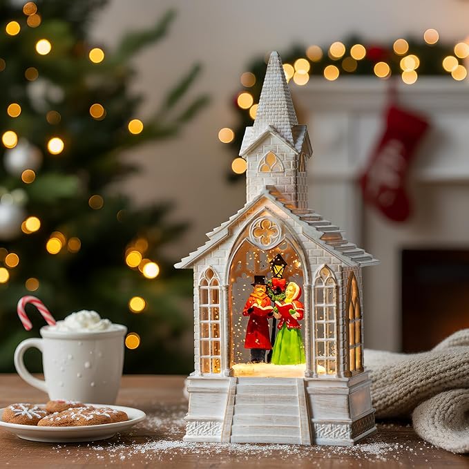 Christmas Snow Globe Lantern Musical Carolers Lighted Water Church, USB Lined/Battery Operated Lighted Lantern for Christmas Festival Decoration Gifts