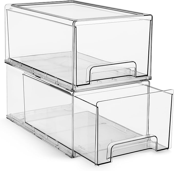 Sorbus Small Wide Clear Stackable Storage Drawers – 4-Pack Plastic Organizer Bins with Handles – Stackable Pull-Out Storage Drawers for Closet, Pantry, Office, Bathroom, Craft, and Toy Organization