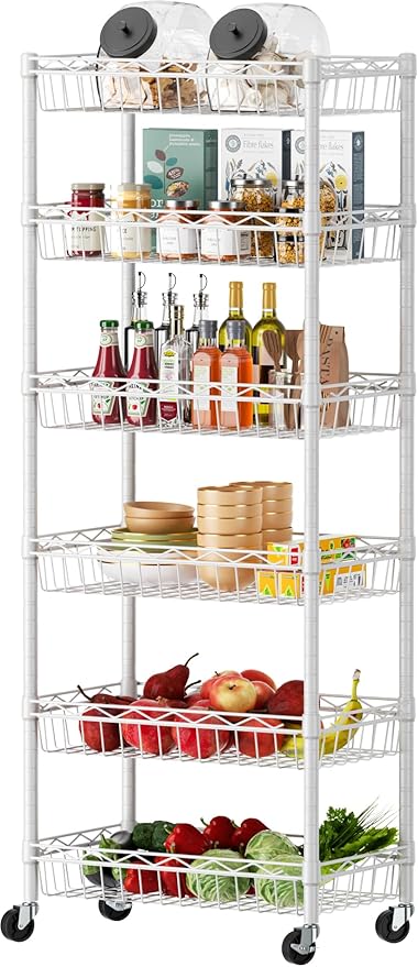 SINGAYE 6 Tier Basket Shelf Wire Shelving Unit Adjustable Storage Shelves Big Basket Rack for Garage Kitchen Office Pantry Corner 17" Dx12 Wx63 H White