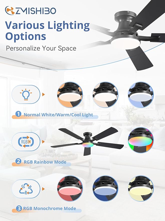 ZMISHIBO 52 Inch RGB Ceiling Fan with Light, App&Remote Control, Flush Mount Low Profile, Dimmable 20W LED Light, Quiet Reversible Motor for Bedroom, Living Room, Apartment, Black