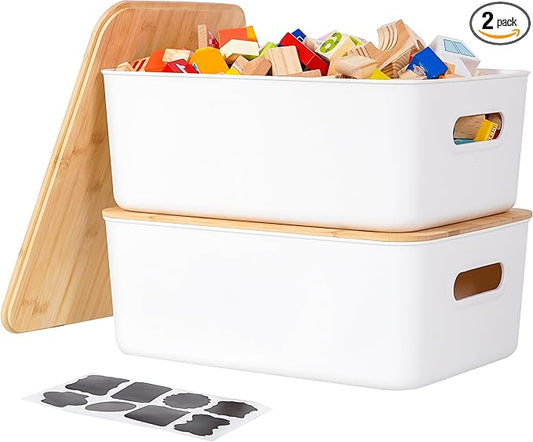 Citylife 2 PCS Storage Bins with Bamboo Lids Plastic Storage Containers for Organizing Stackable Storage Box with Handle, 15.16 x 10.79 x 5.83 inch