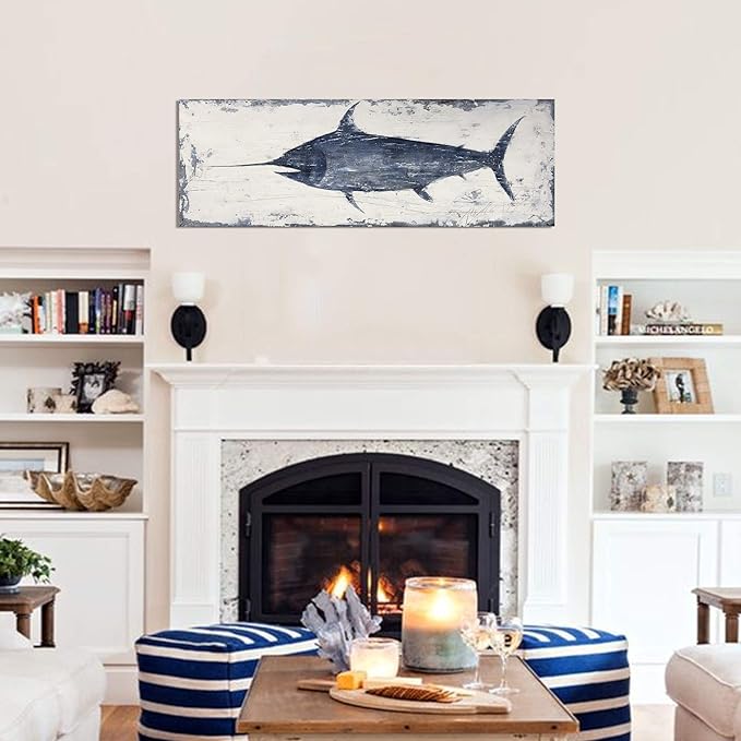 NdcSkyArt Vintage Style Swordfish Wall Art, Nautical Decor for Home & Office, Blue and White Coastal Painting